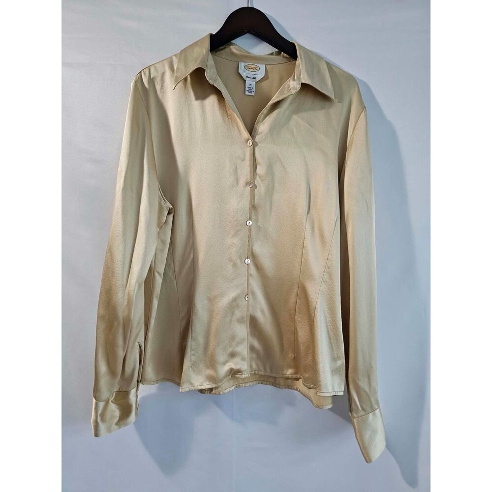 Quiet Luxury Talbots Pure Silk Champagne Button-Up Blouse XL